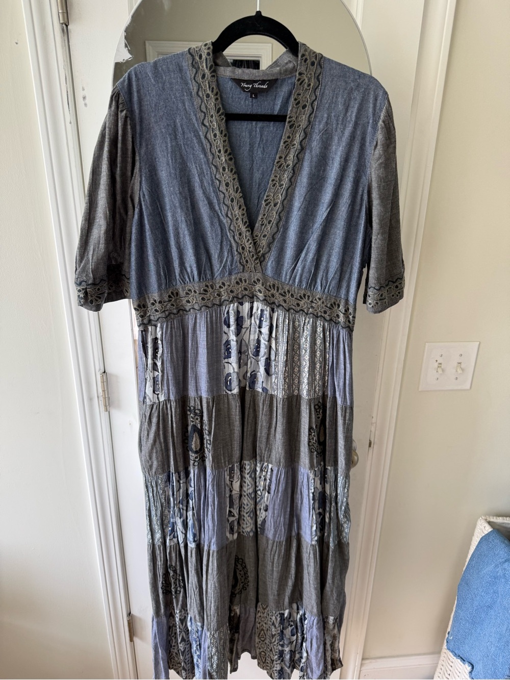 Vince Camuto Blue Gray Patchwork V-Neck Maxi Dress